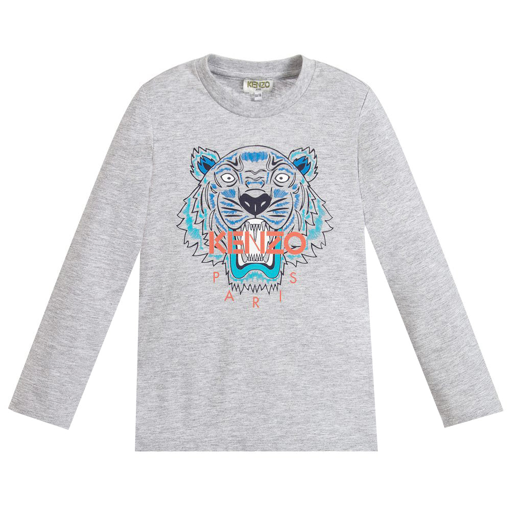 Kenzo tiger logo long sleeve tee in grey with blue and orange