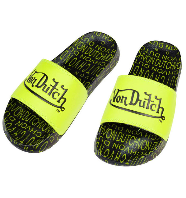 Von Dutch Women's Monogram Printed Slides in black and yellow – view 1 of 2