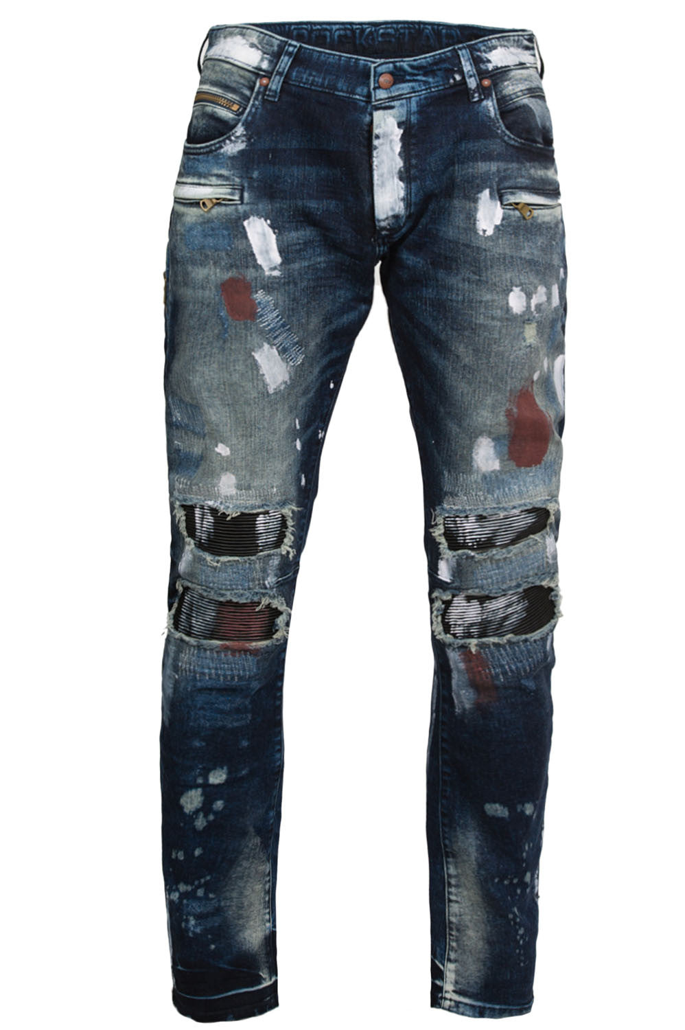 Rockstar Shimy biker jeans in dark denim with paint splatter
