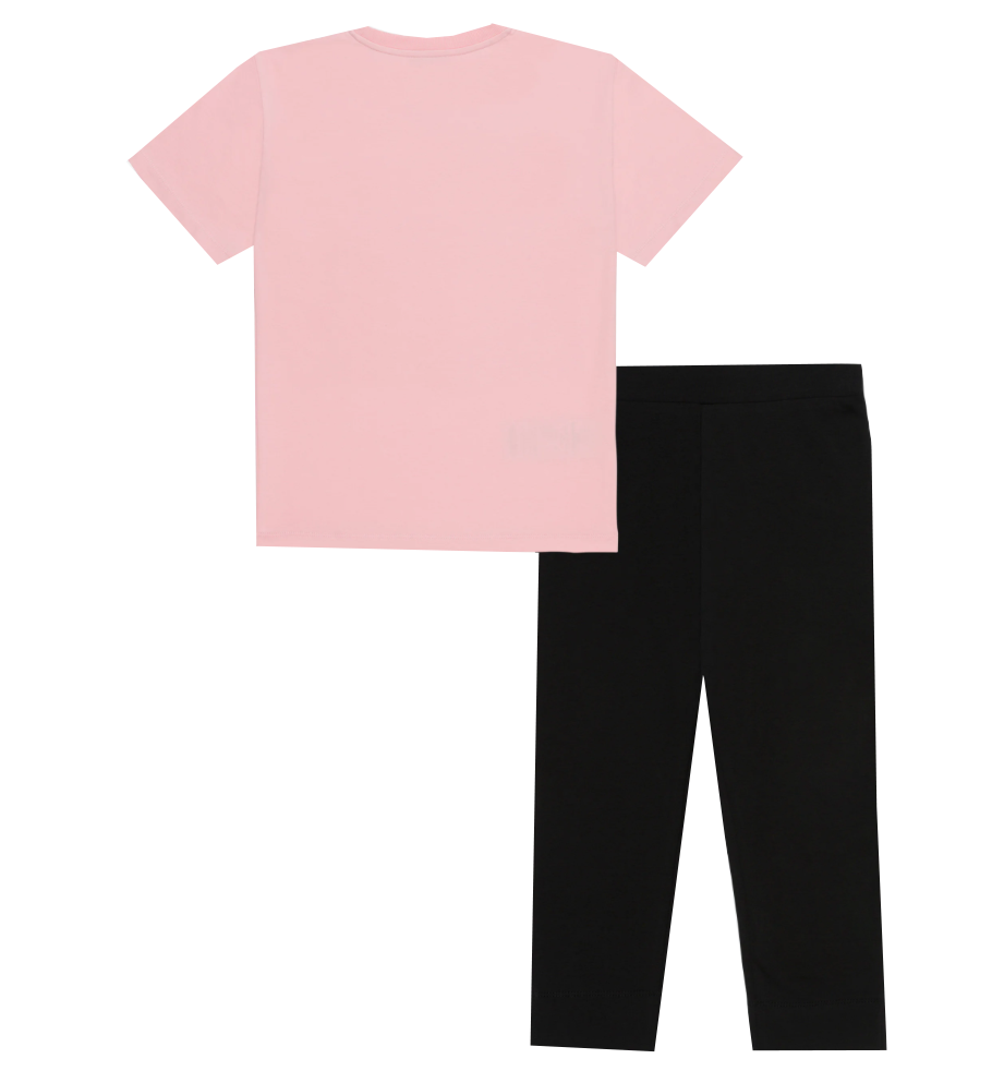 MOSCHINO GIRLS STRAWBERRY TEXT LOGO SS MAXI TEE AND LEGGINGS - BLACK