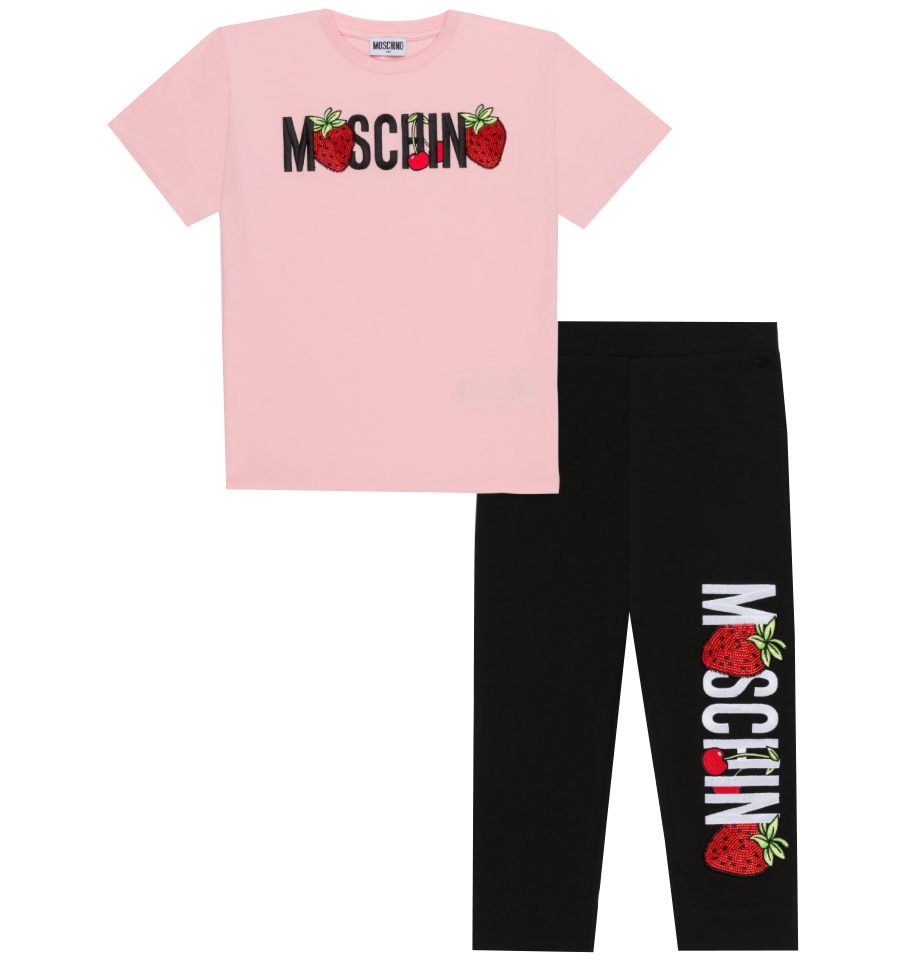 MOSCHINO GIRLS STRAWBERRY TEXT LOGO SS MAXI TEE AND LEGGINGS - BLACK