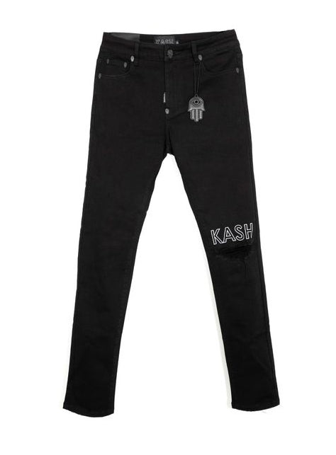 Kash Skinny White Logo Ripped Denim - Black