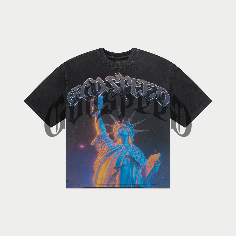 Godspeed Purple City Tee in grey wash – view 1 of 3