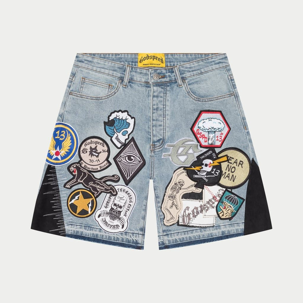 Godspeed Patchwork Denim Shorts V2 in blue – view 1 of 4