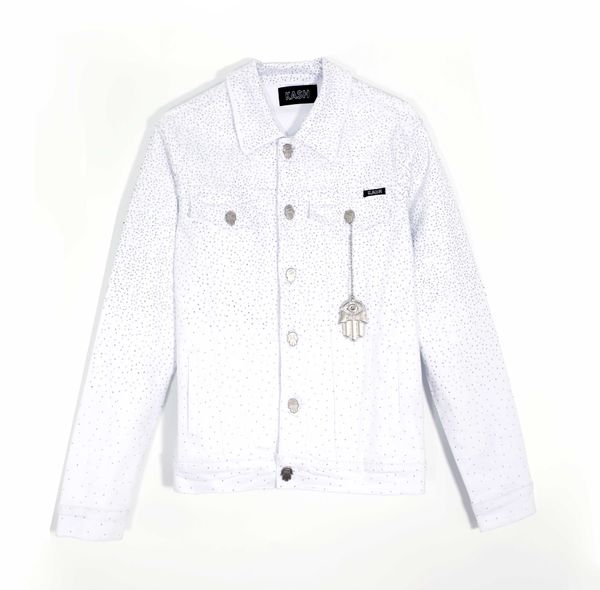 Kash Denim Jacket with Clear Crystals-White