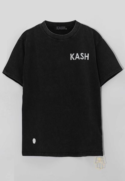 Kash grey wash tee, front, with small Kash logo