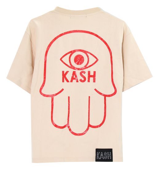 Kash Metallic Red Logo & Hamsa Hand Tee in cream – view 1 of 2