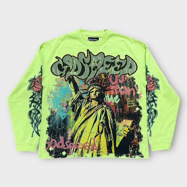 Godspeed Vandal long sleeve T-shirt in volt neon green with art graphic – view 1 of 2