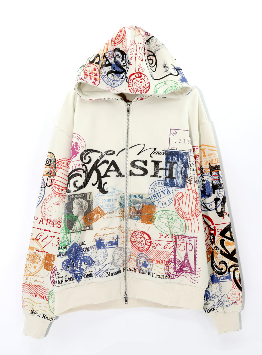 Kash Passport Collection double zipper distressed hoodie in cream – view 1 of 11