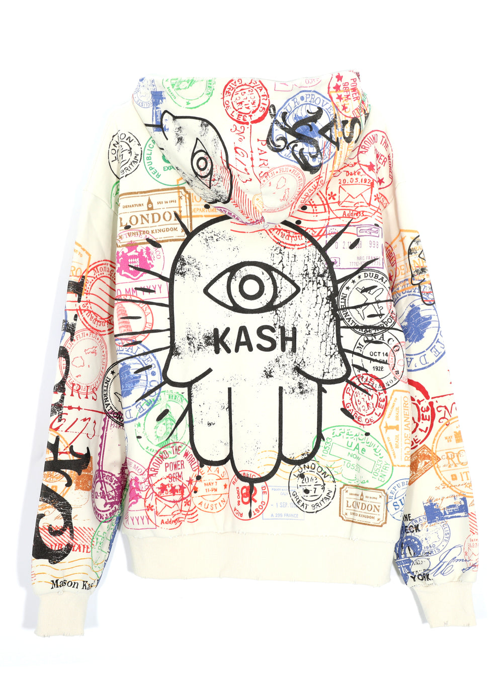 Kash Passport Collection double zipper distressed hoodie in cream – view 2 of 11