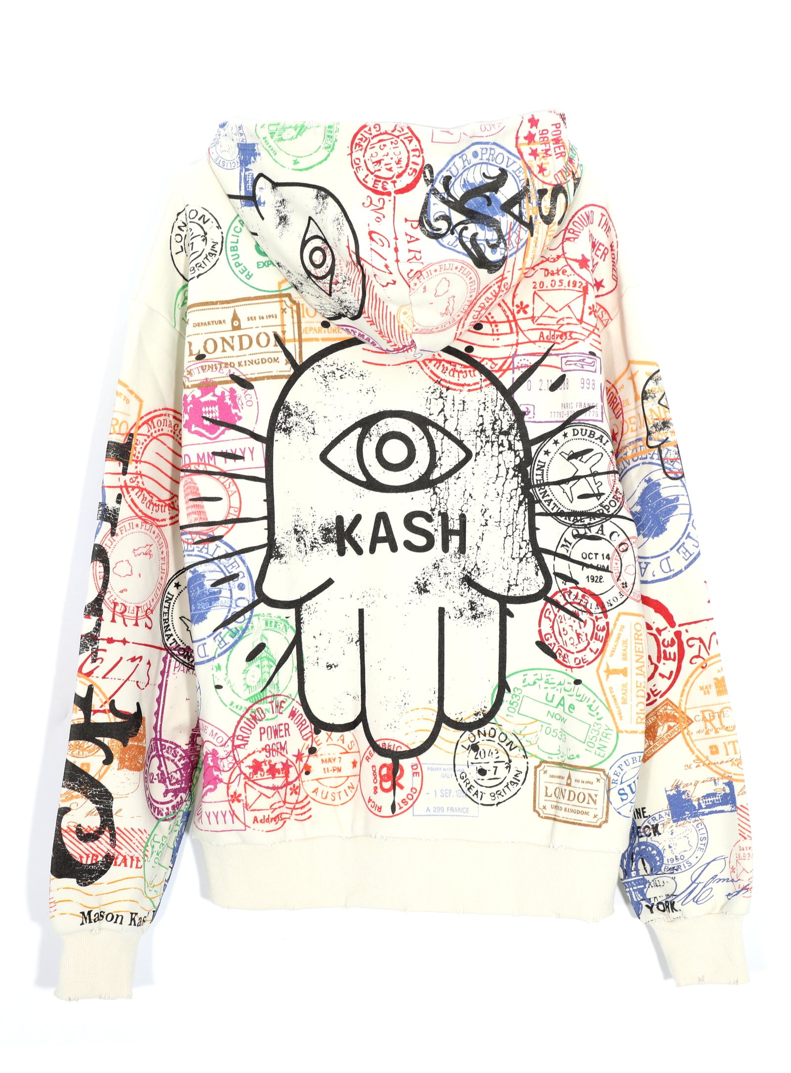 Kash Passport Collection double zipper distressed hoodie in cream – view 2 of 11