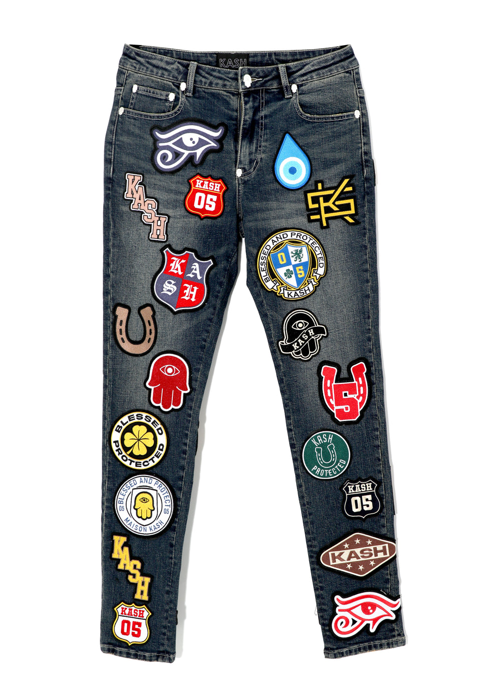 Kash Maison Patches Hamsa-55 Skinny Denim in blue – view 1 of 9