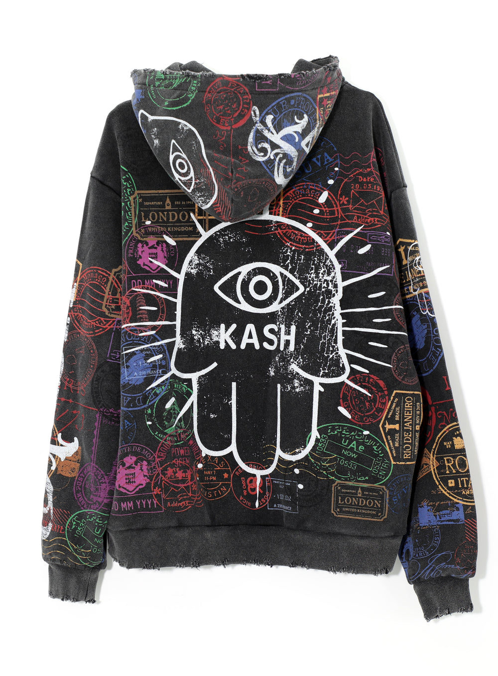 Kash Passport Collection Distressed Hoodie in black – view 2 of 10