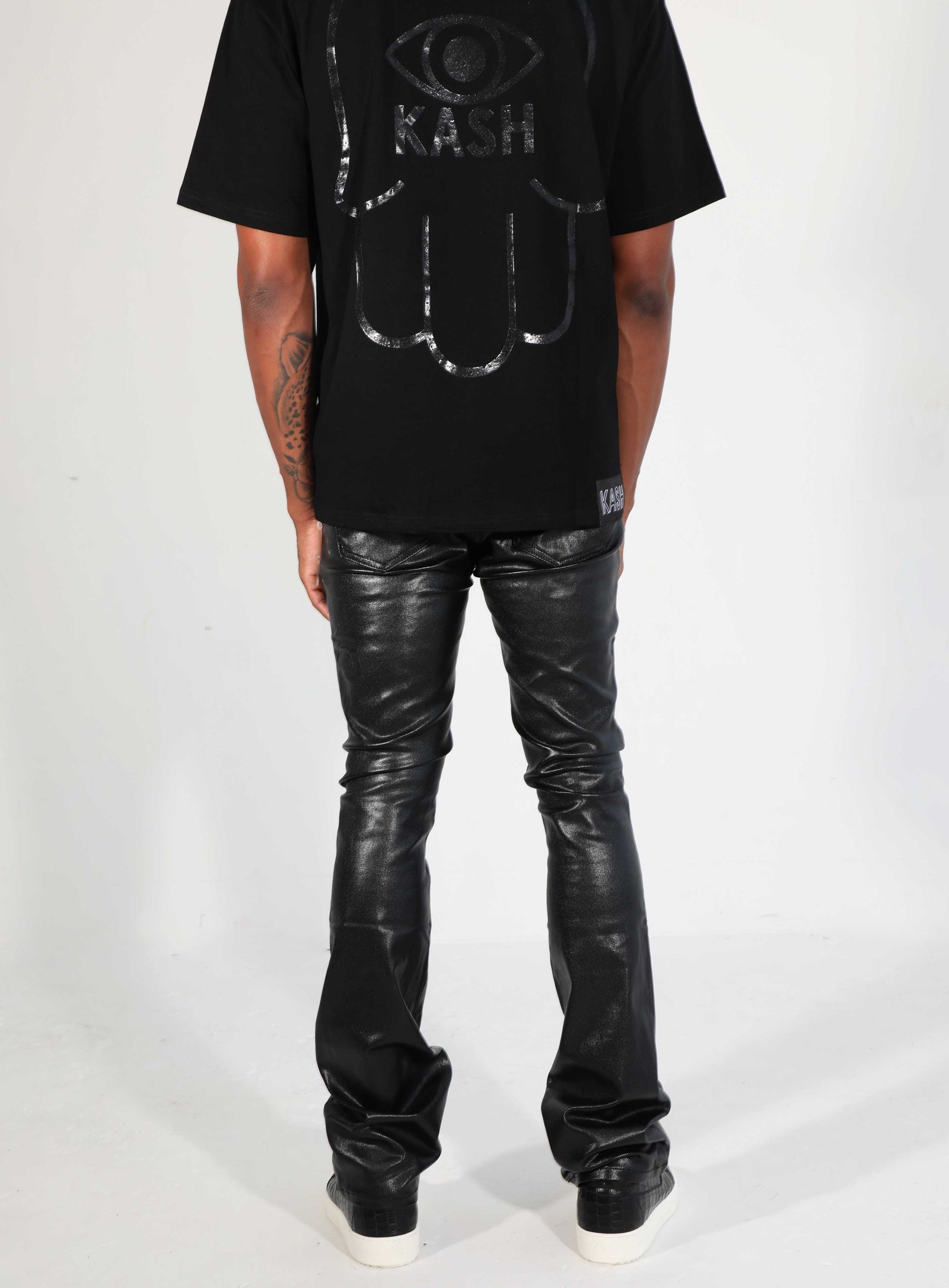 Kash Vegan Leather D-Stacked Pants in black, faux leather stacked pants – view 5 of 10
