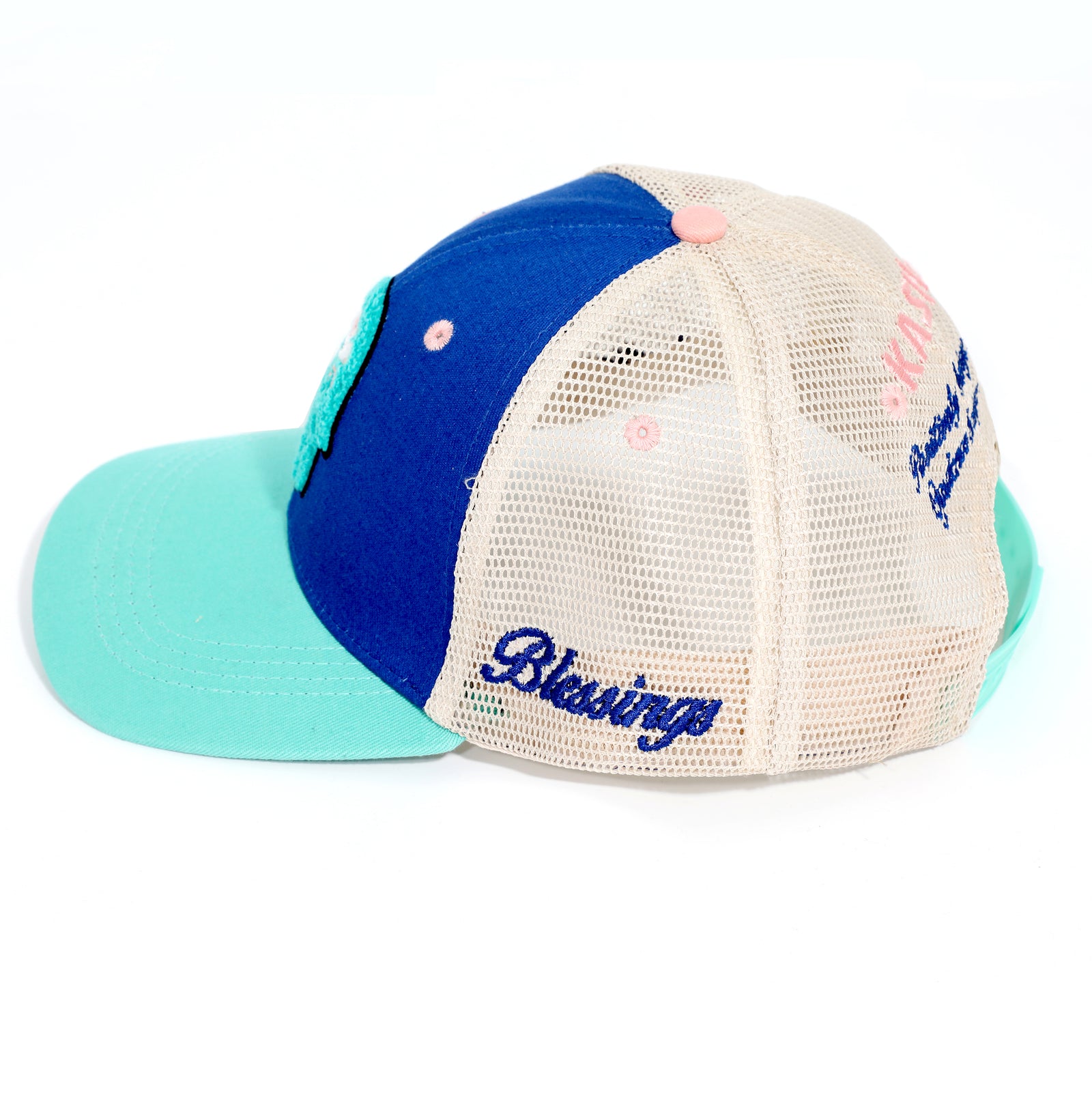 Kash chenille Hamsa snapback in blue with green – view 5 of 5