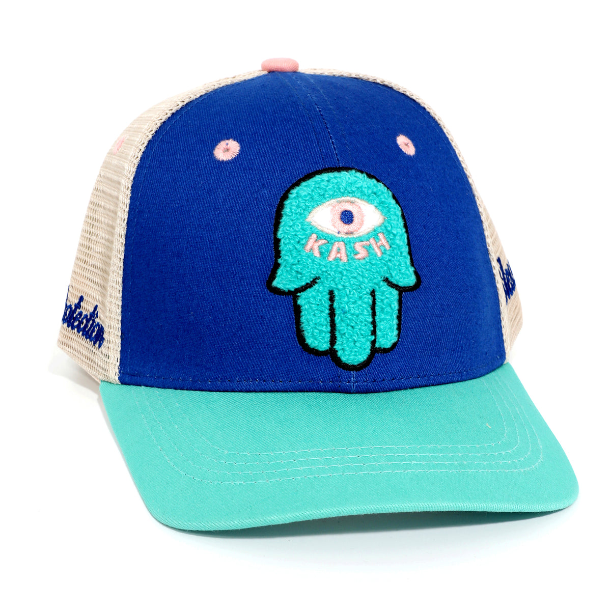 Kash chenille Hamsa snapback in blue with green – view 1 of 5