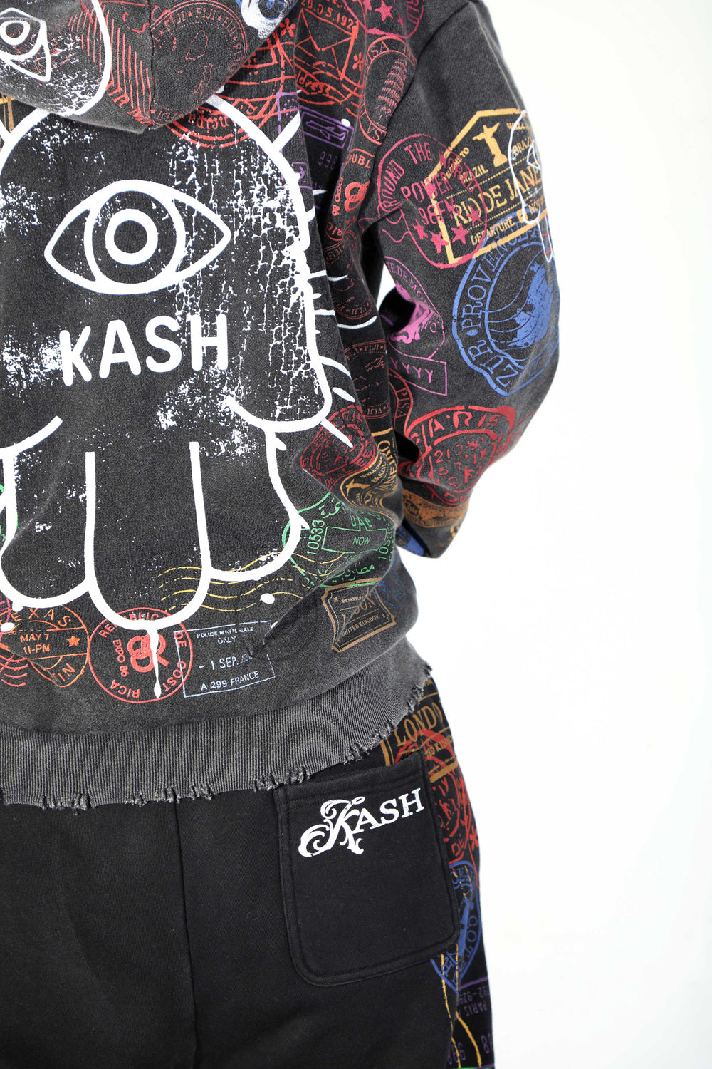 Kash Passport Collection Distressed Hoodie in black – view 7 of 10