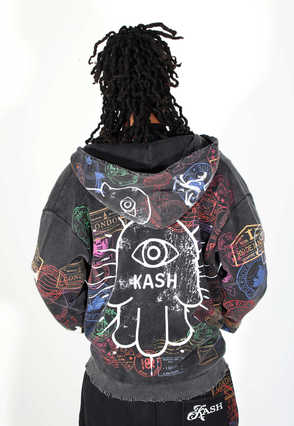 Kash Passport Collection Distressed Hoodie in black – view 4 of 10