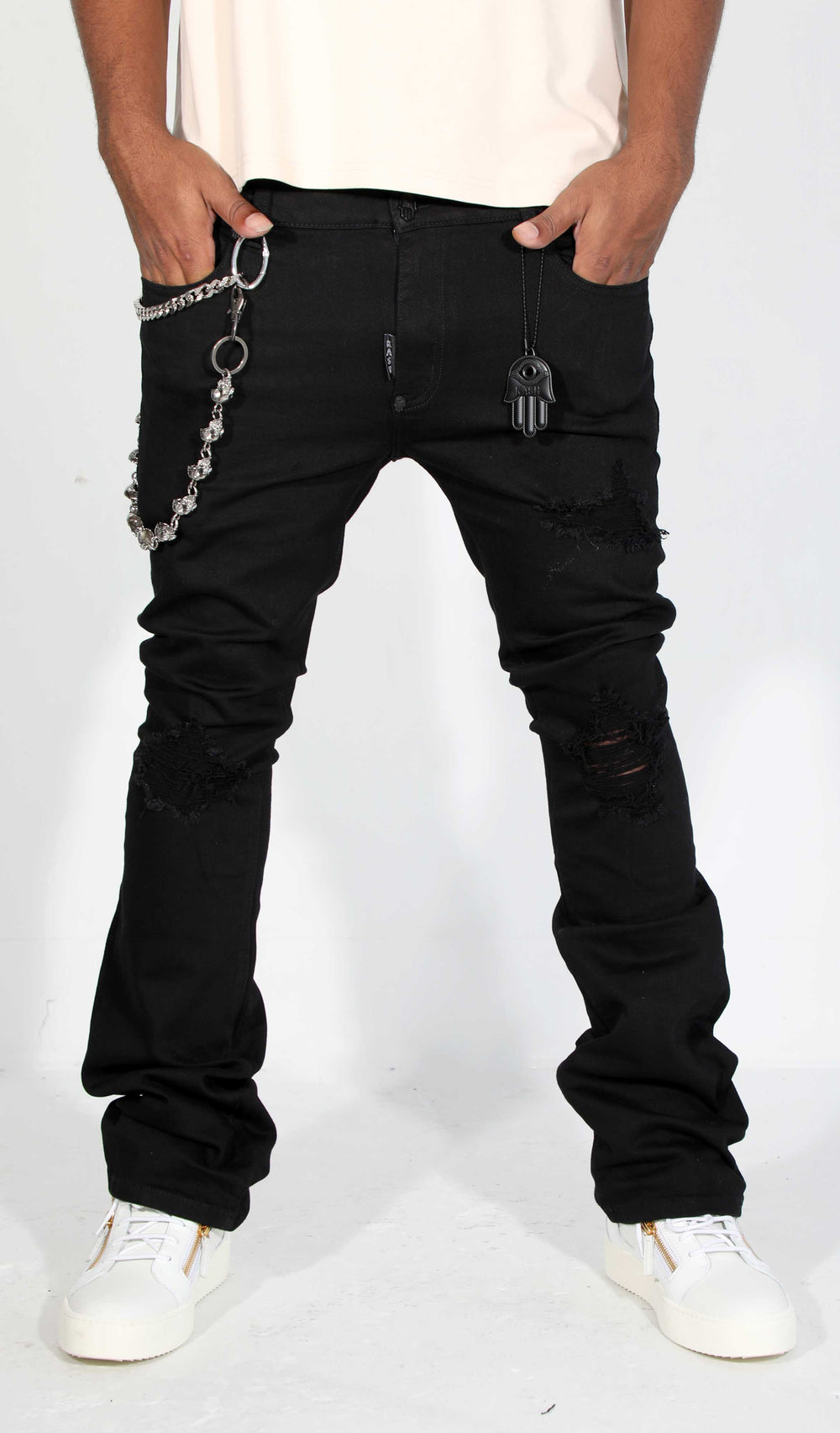Kash Open Distressed Stacked Denim in black – view 3 of 8