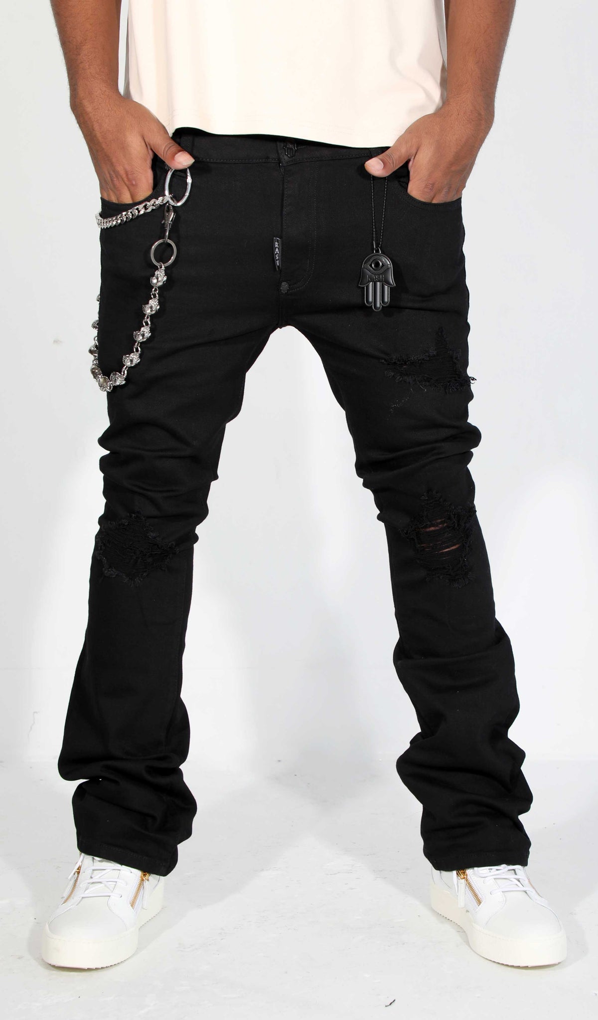 KASH OPEN DISTRESSED STACKED DENIM - BLACK