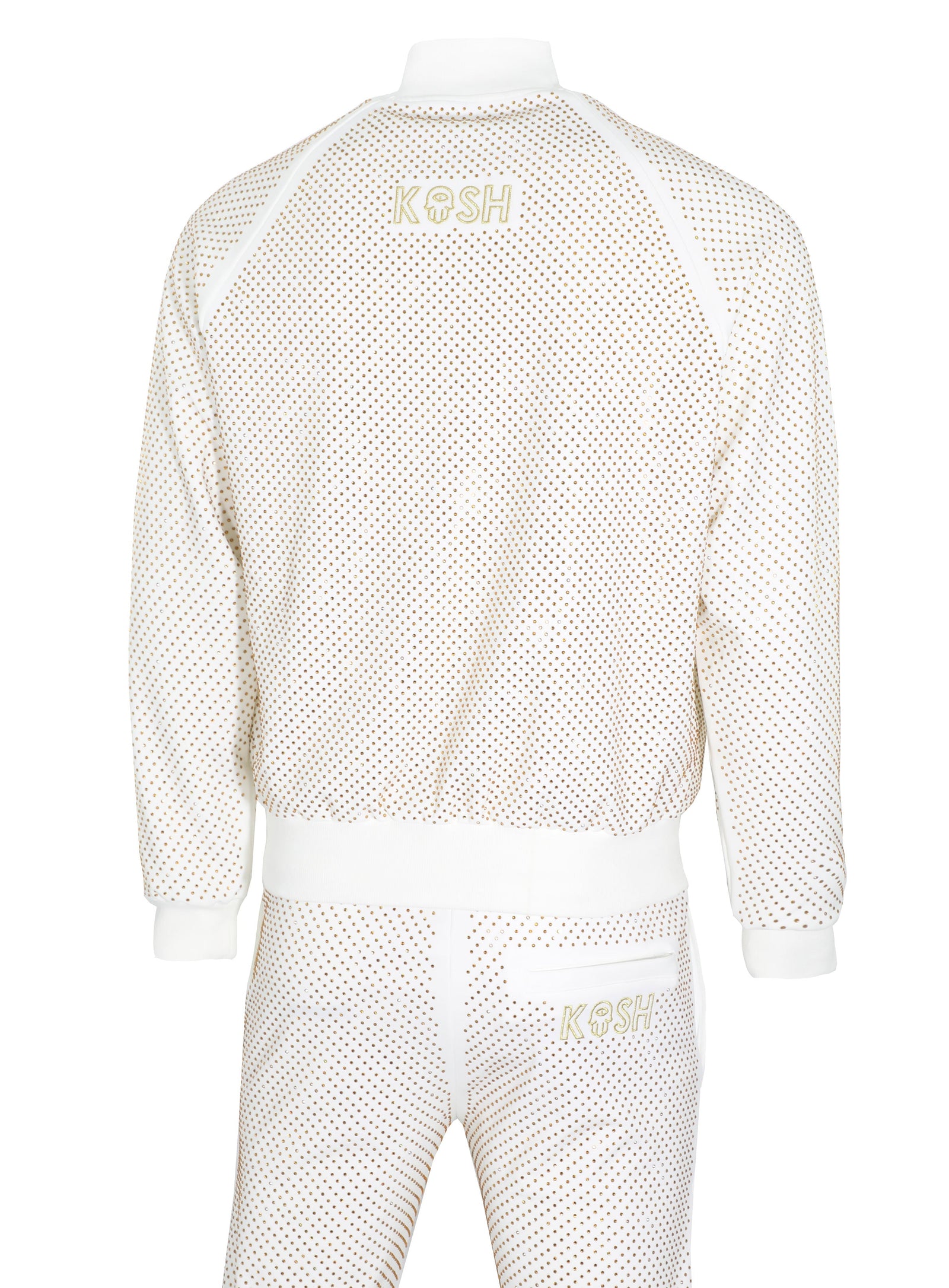 Kash Crystal Track Pants w/ Hamsa Logo 2.0 in white with gold crystals – view 6 of 7