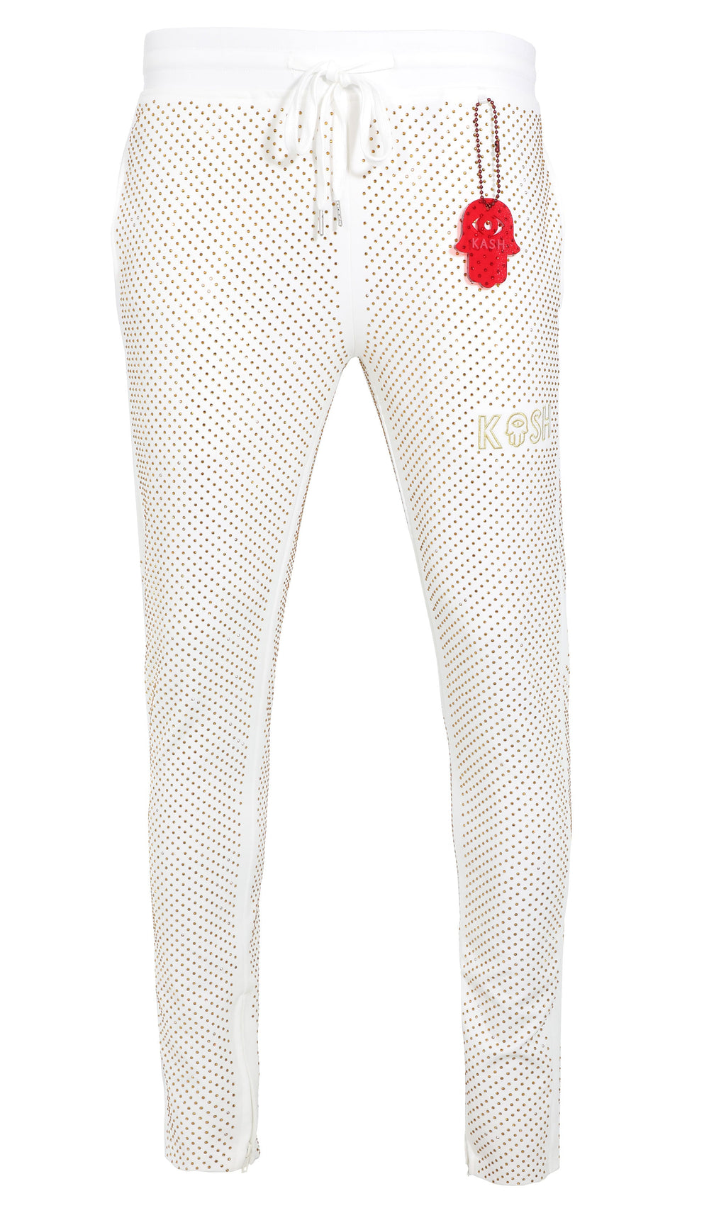 Kash Crystal Track Pants w/ Hamsa Logo 2.0 in white with gold crystals – view 1 of 7