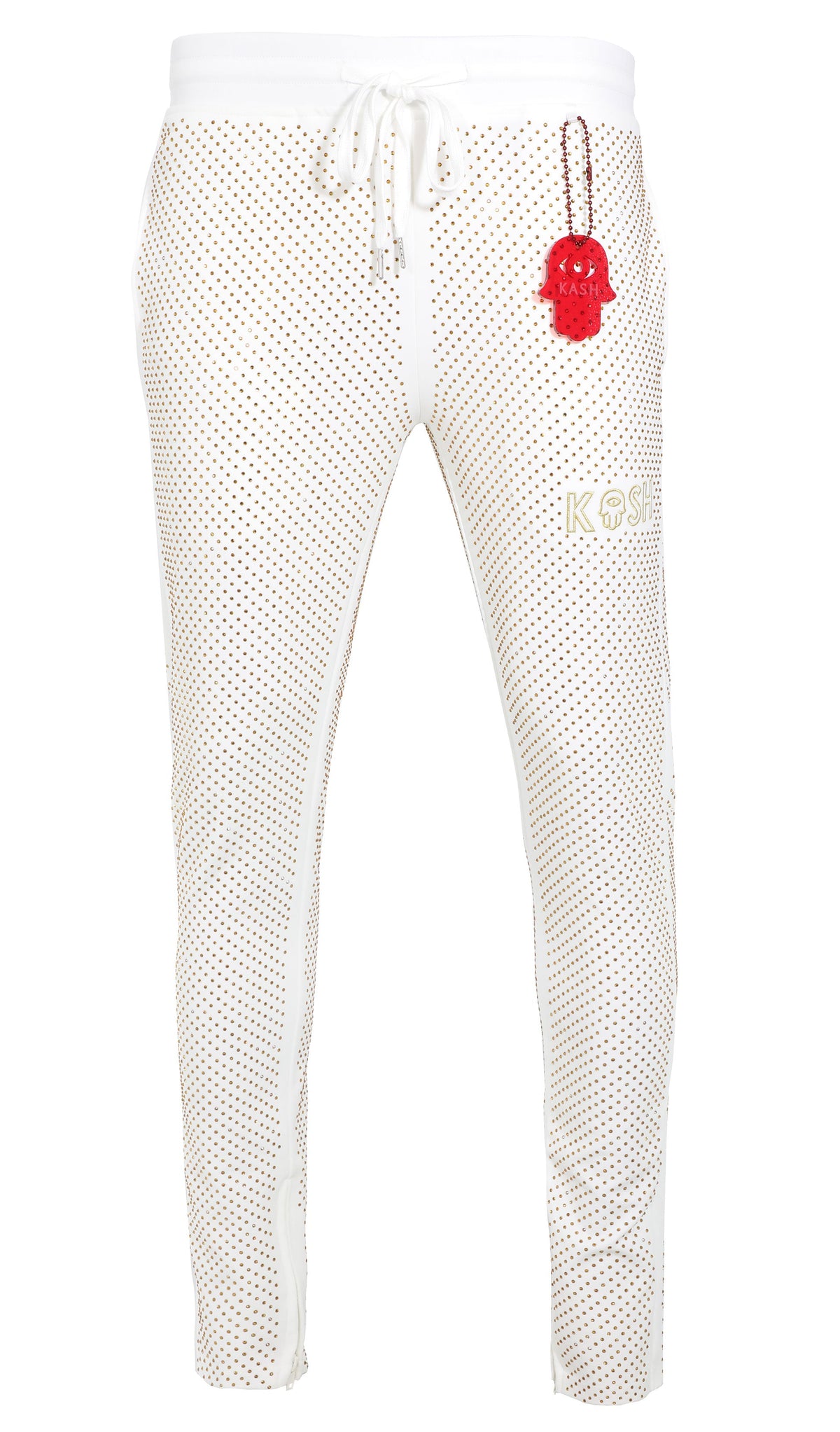 Kash Crystal Track Pants w/ Hamsa Logo 2.0 in white with gold crystals – view 1 of 7