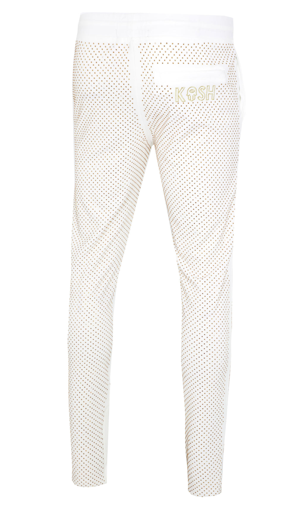 Kash Crystal Track Pants w/ Hamsa Logo 2.0 in white with gold crystals – view 2 of 7