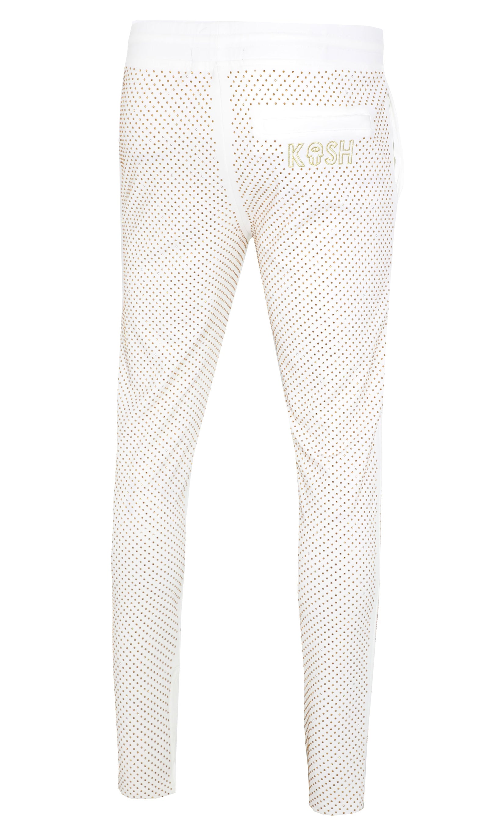 Kash Crystal Track Pants w/ Hamsa Logo 2.0 in white with gold crystals – view 2 of 7