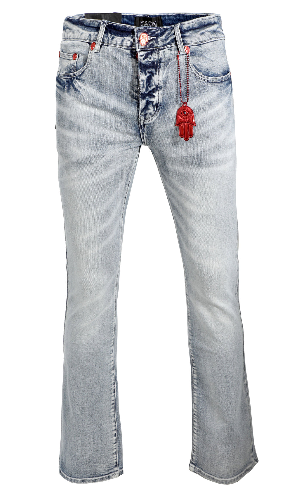 Kash Light Wash Stacked Denim with Hamsa Pocket in blue – view 1 of 3