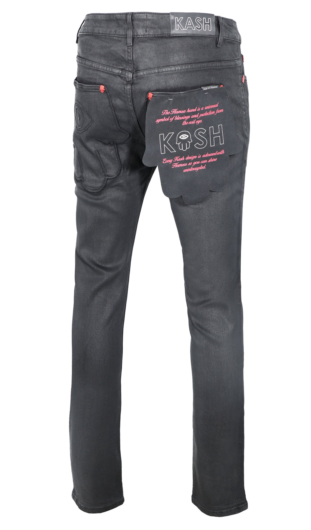 Kash Hamsa Pocket Wax Denim in black, waxed jeans – view 2 of 12