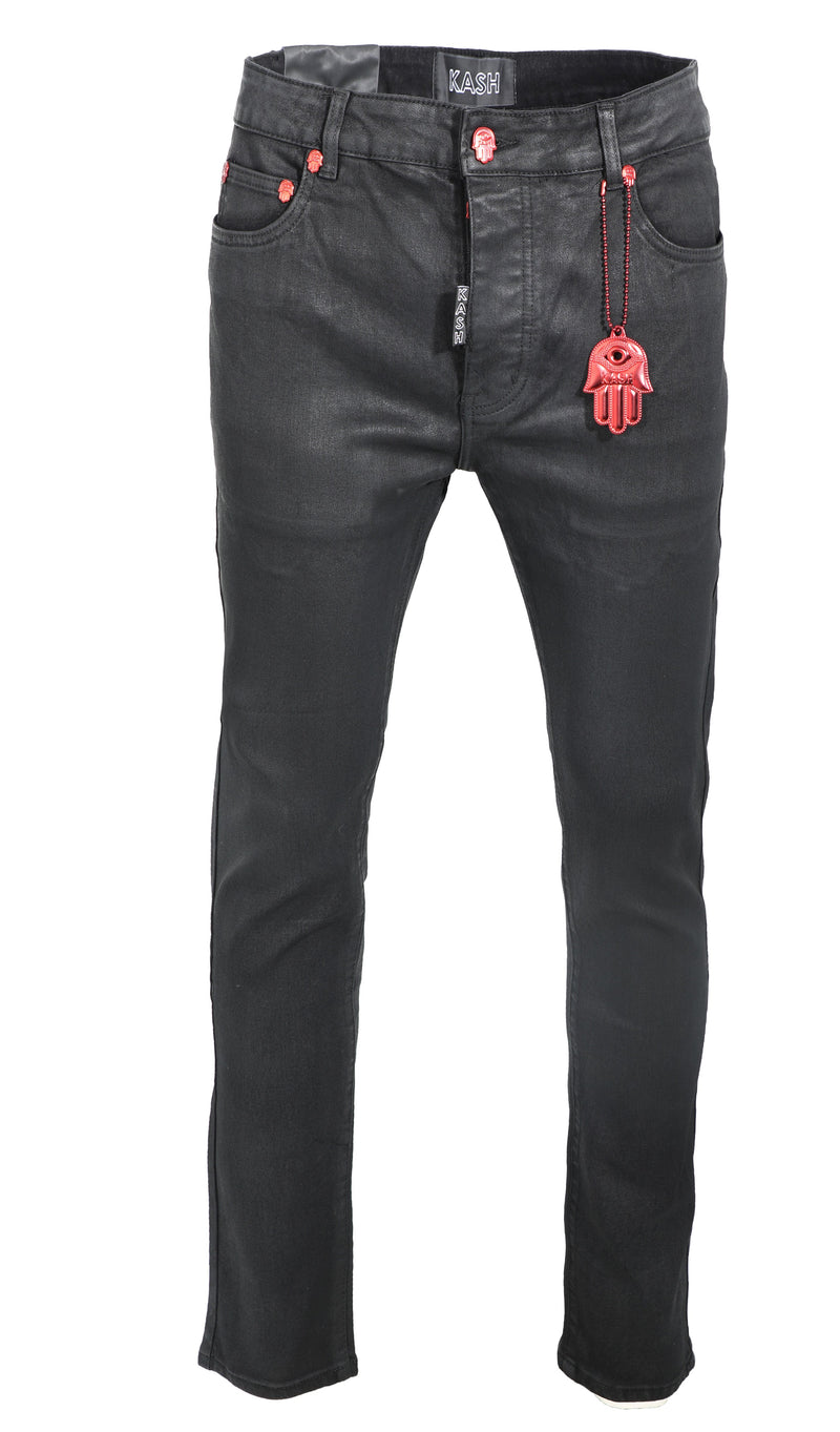 KASH Black Wax Hamsa Pocket Denim with Red Buttons