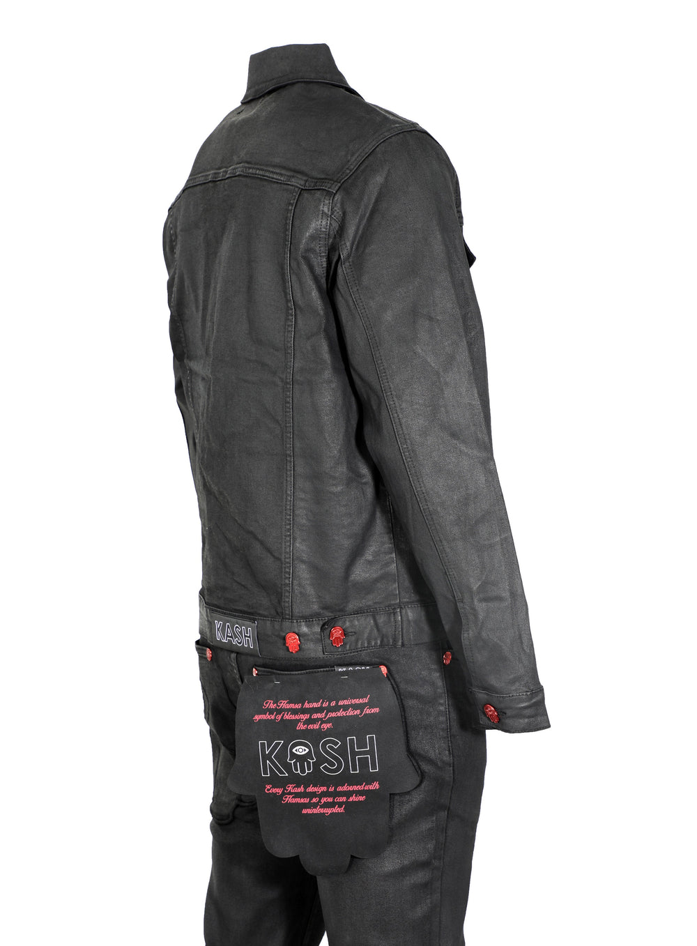Kash Hamsa Pocket Wax Denim in black, waxed jeans – view 8 of 12