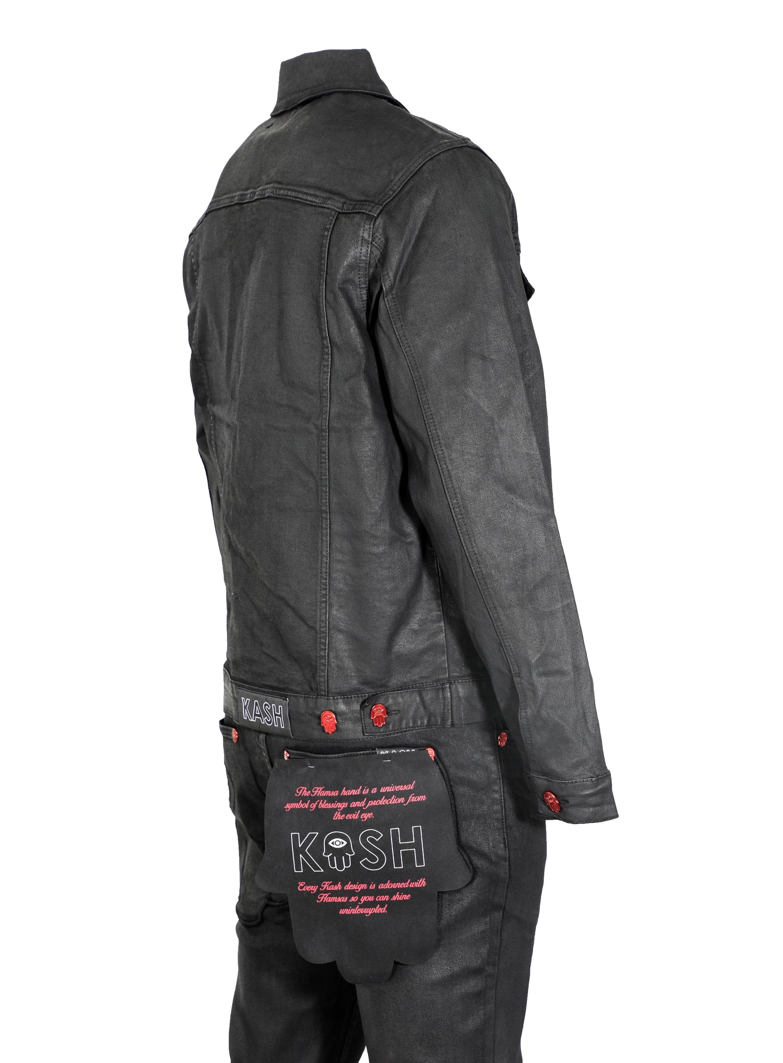 KASH Black Wax Denim Jacket with Red Hamsa Buttons in black – view 5 of 7
