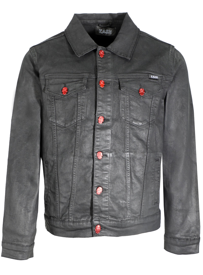 KASH Black Wax Denim Jacket with Red Hamsa Buttons