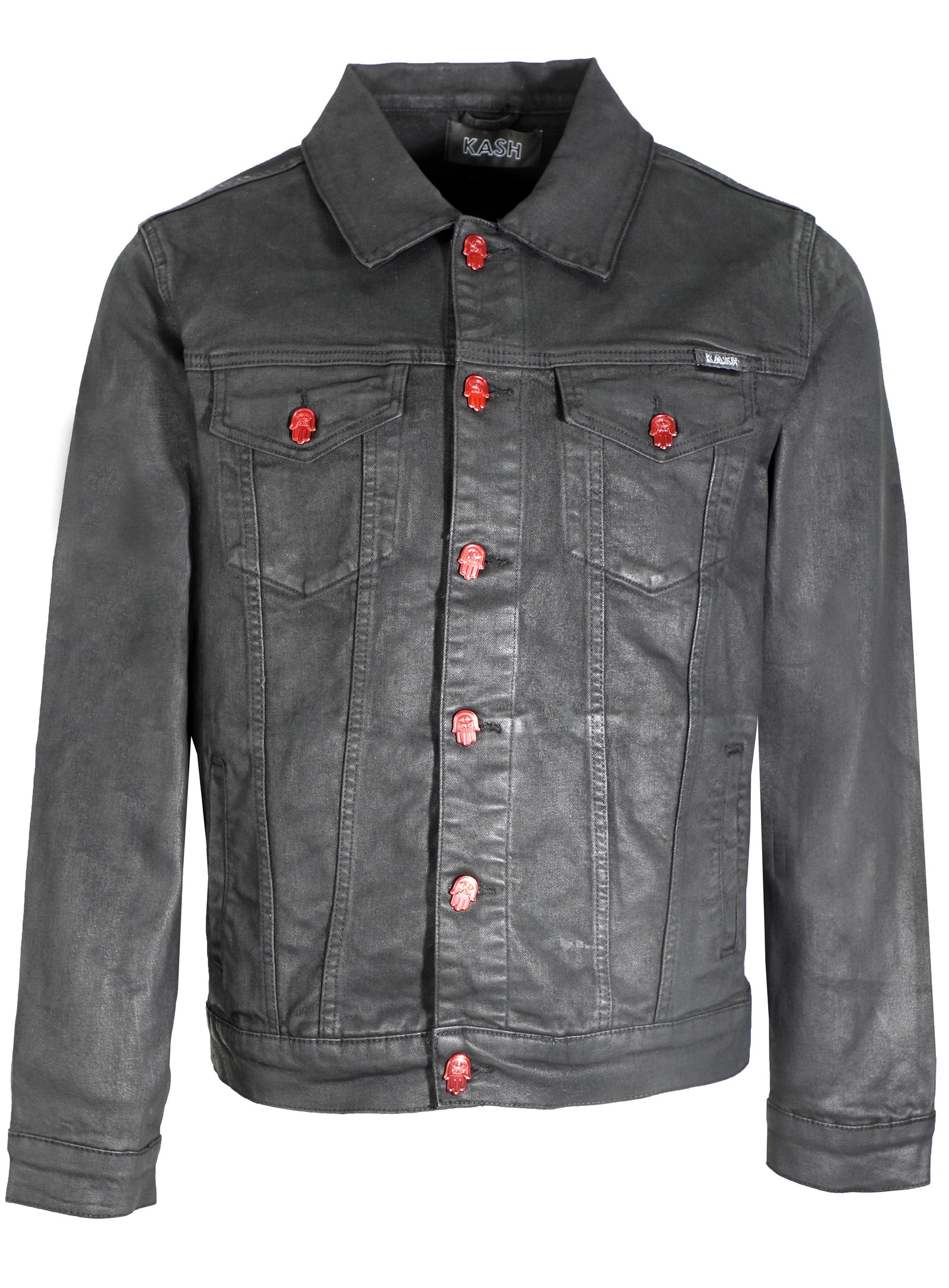KASH Black Wax Denim Jacket with Red Hamsa Buttons in black – view 1 of 7