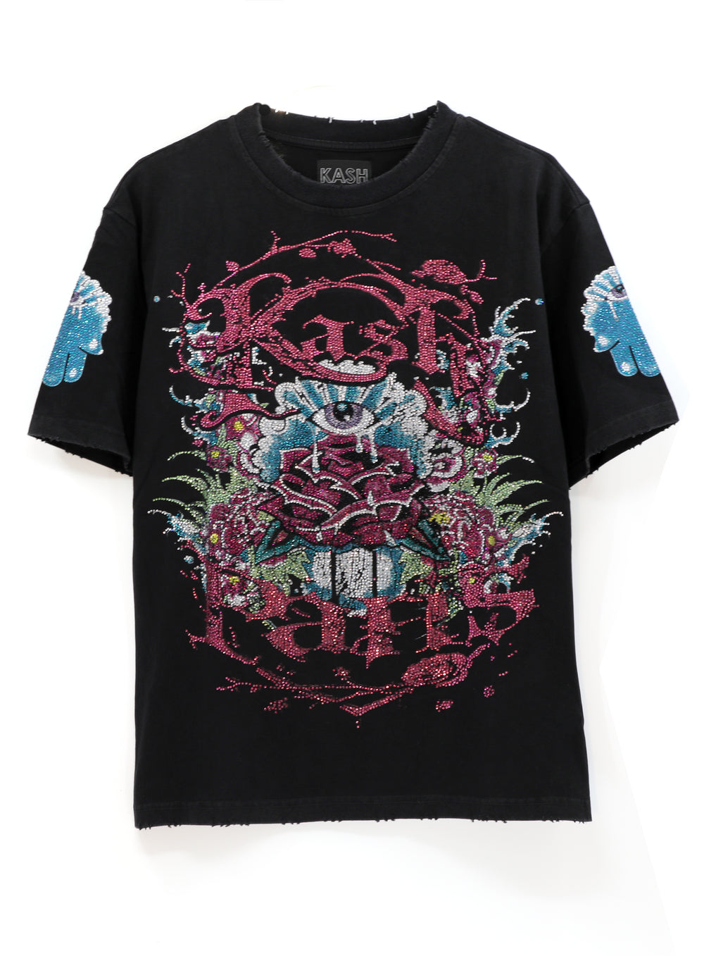 Kash Envenomed Rose Collection short sleeve tee in black with pink graphics and rhinestones – view 1 of 3