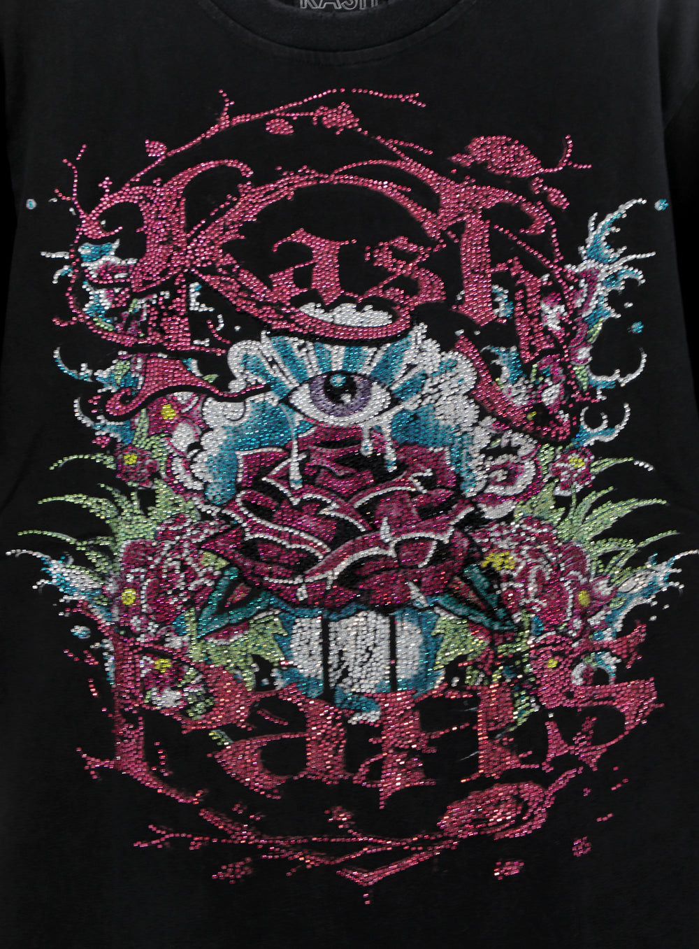 Kash Envenomed Rose Collection short sleeve tee in black with pink graphics and rhinestones – view 3 of 3