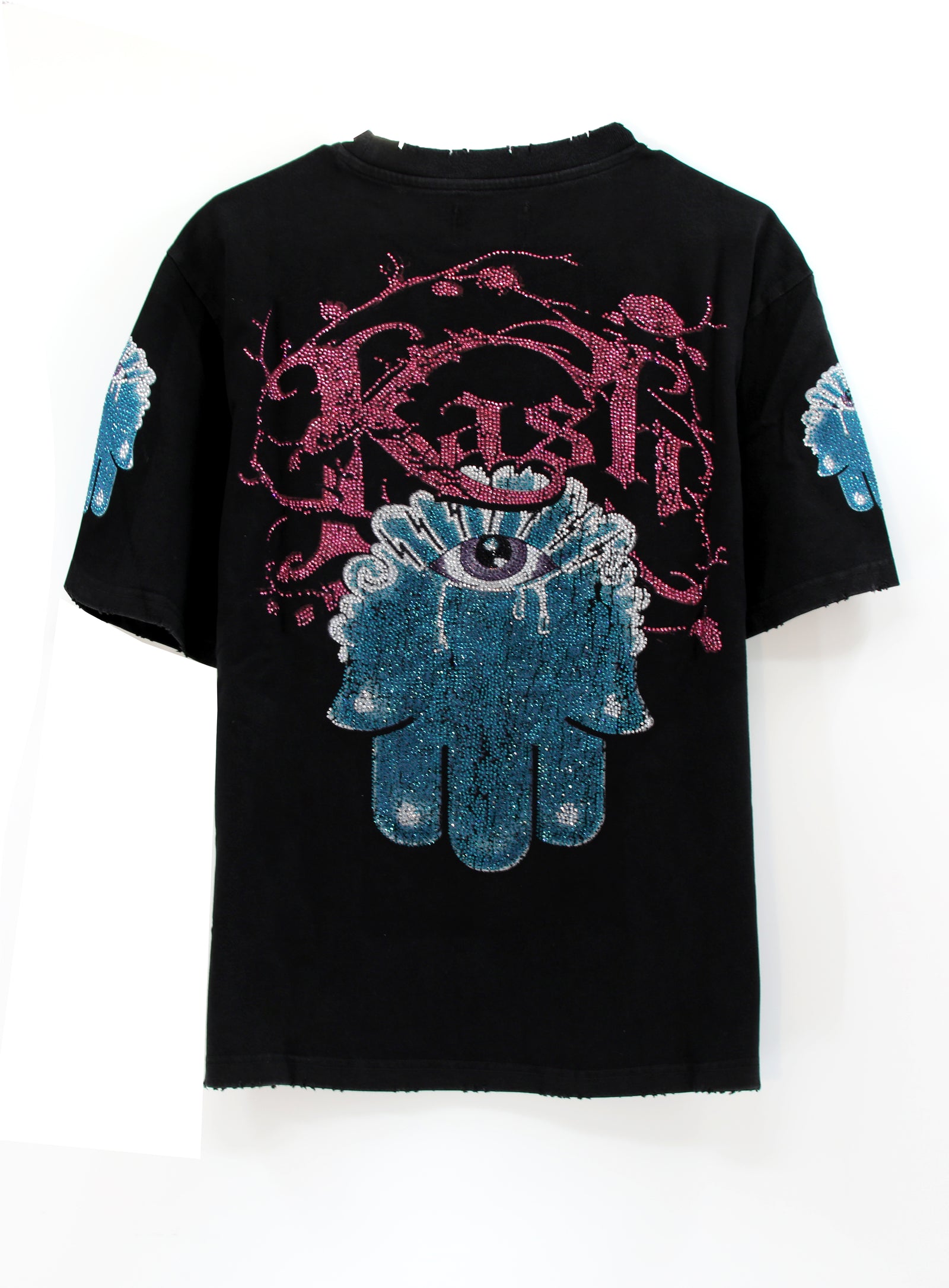 Kash Envenomed Rose Collection short sleeve tee in black with pink graphics and rhinestones – view 2 of 3