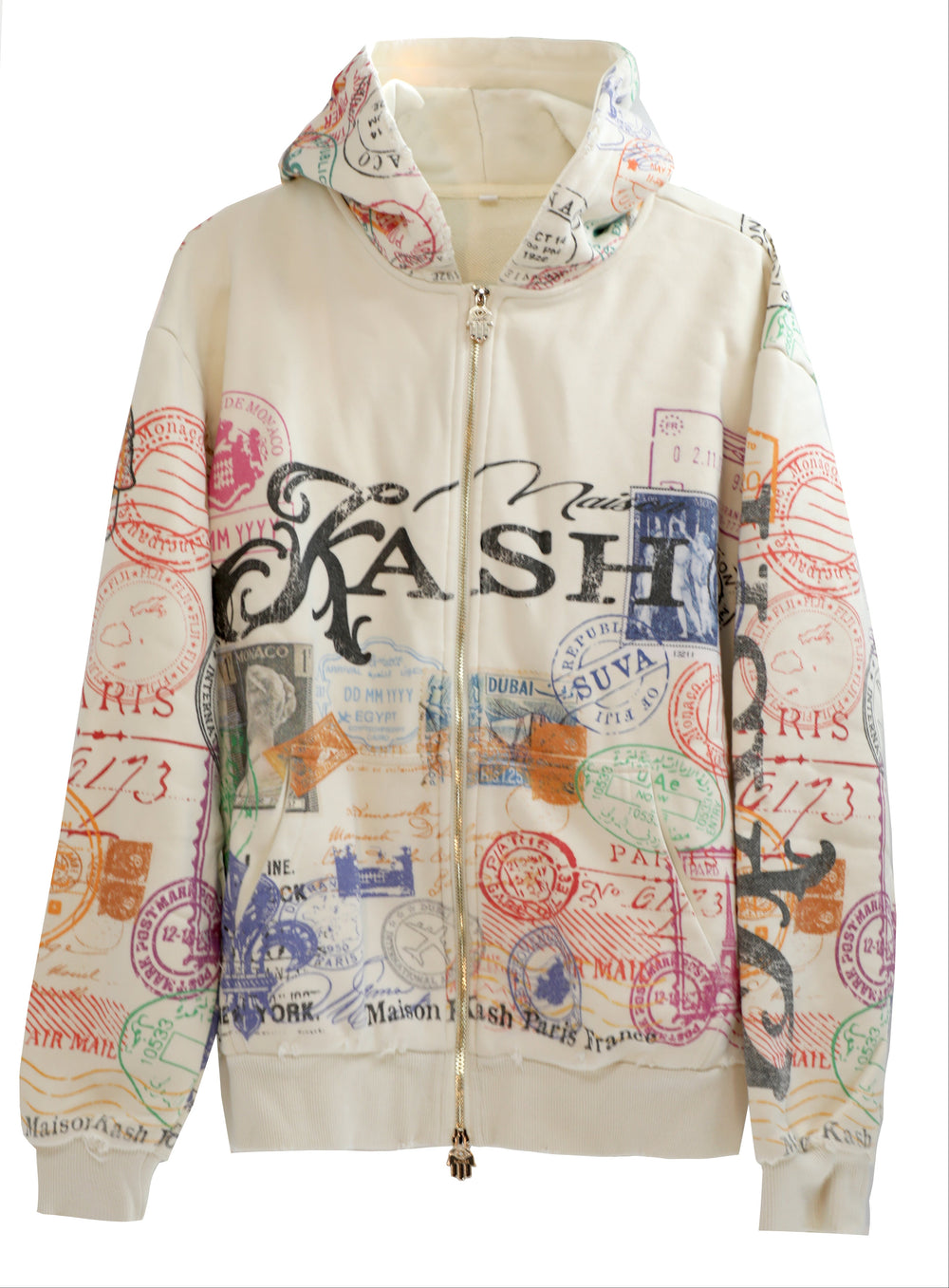 Kash Passport Collection double zipper distressed hoodie in cream – view 3 of 11