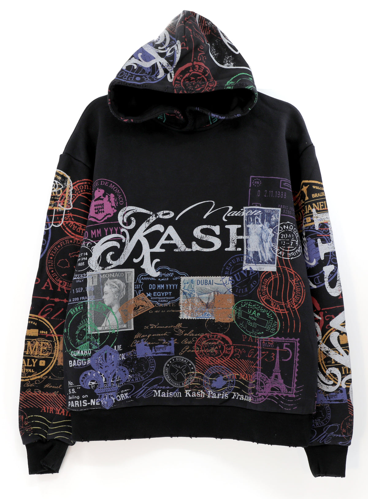 Kash Passport Collection Distressed Hoodie in black – view 1 of 10