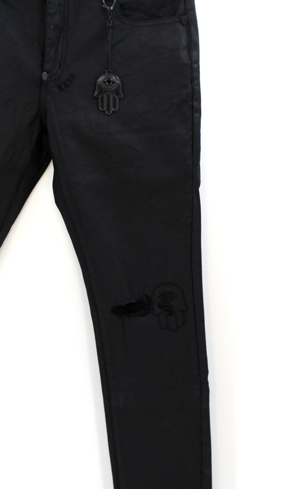 Kash black skinny wax denim jeans with Hamsa pockets – view 2 of 3