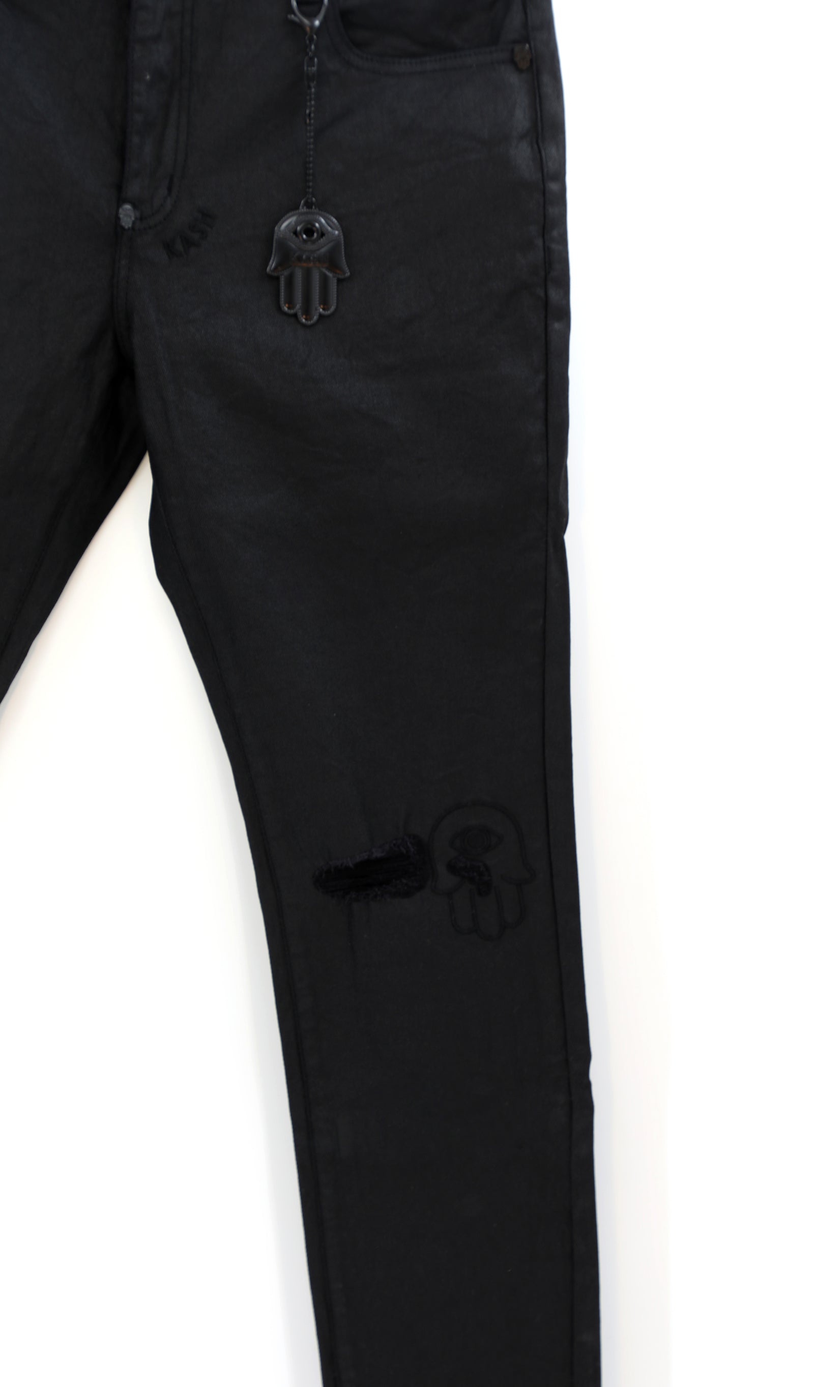 Kash black skinny wax denim jeans with Hamsa pockets – view 2 of 3