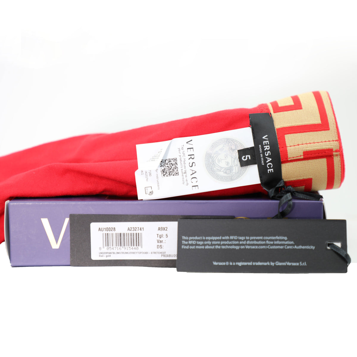 Versace Underwear Long Trunk W/Greca Border |Red and Gold