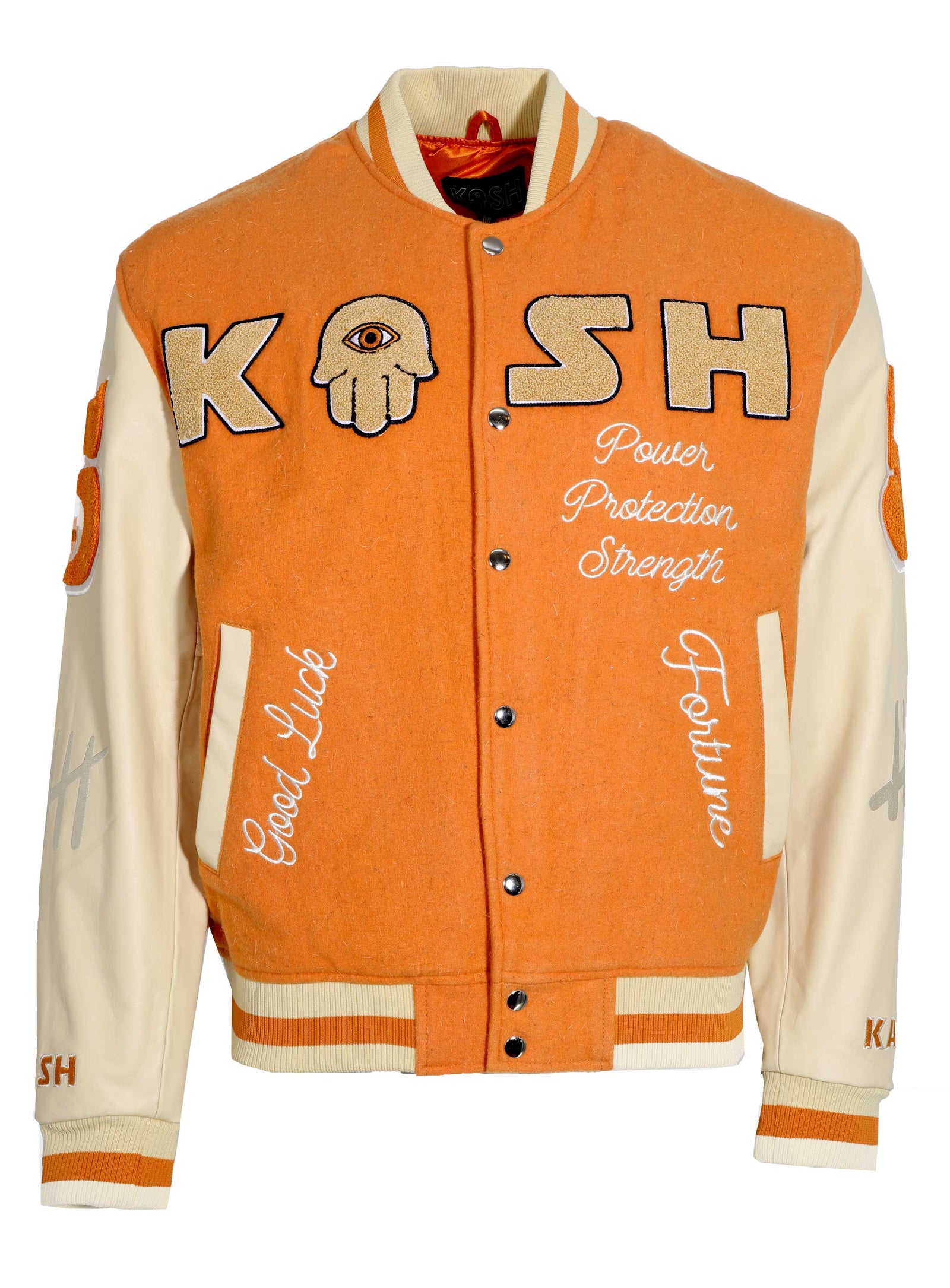 KASH CHENILLE PRINT VARSITY JACKET - ORANGE W/ CREAM