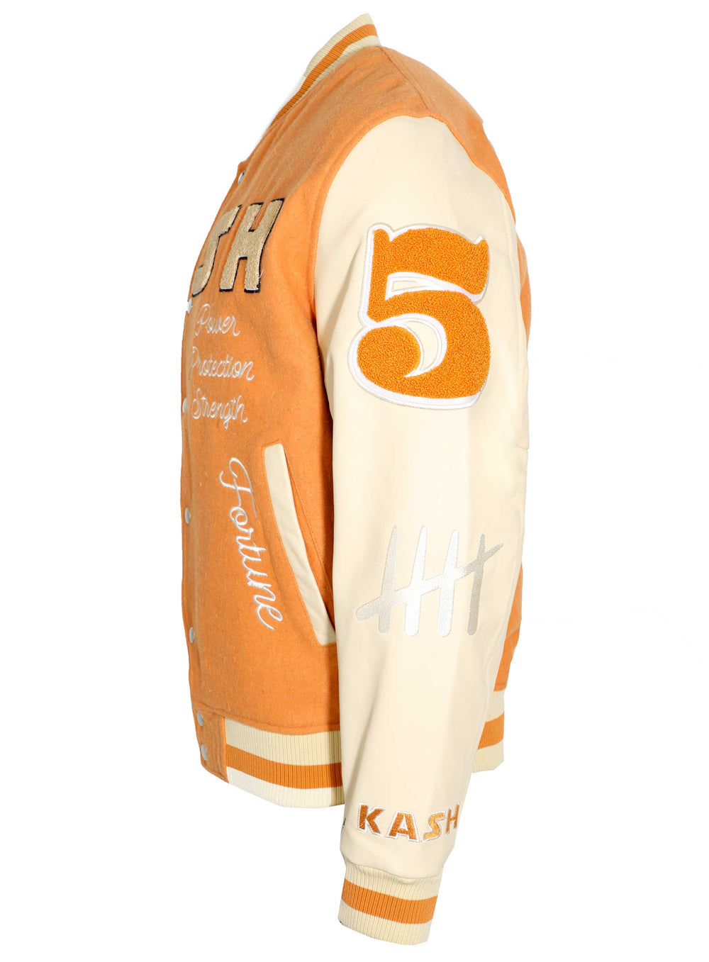 Kash Chenille Print Varsity Jacket in orange with cream – view 5 of 9