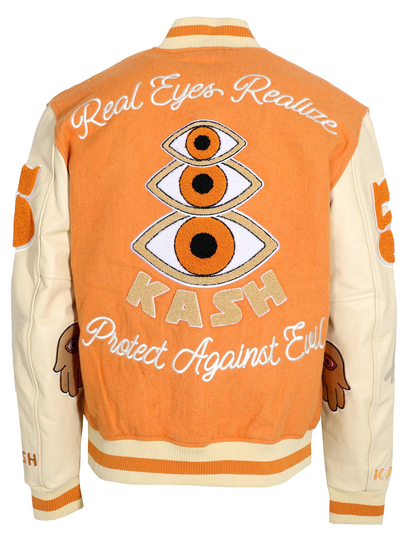 Kash Chenille Print Varsity Jacket in orange with cream – view 3 of 9
