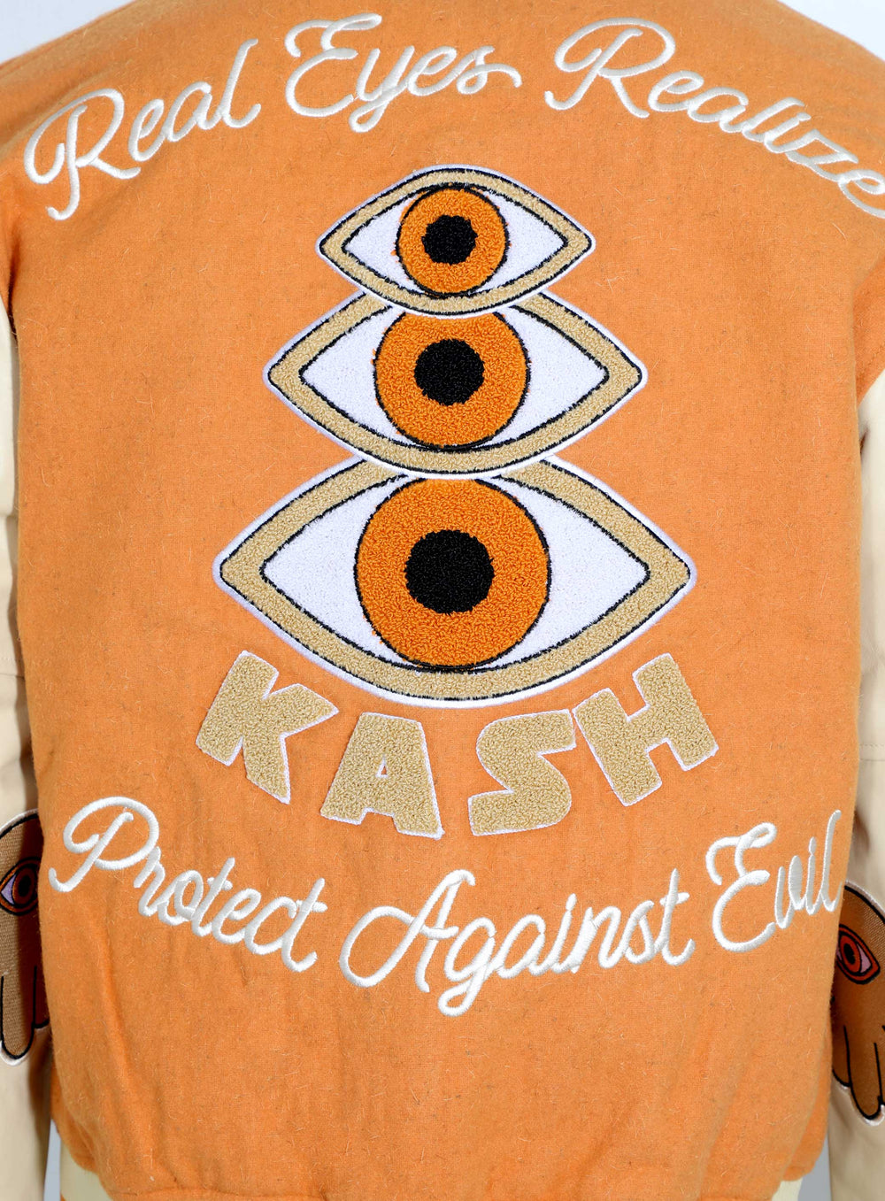Kash Chenille Print Varsity Jacket in orange with cream – view 7 of 9