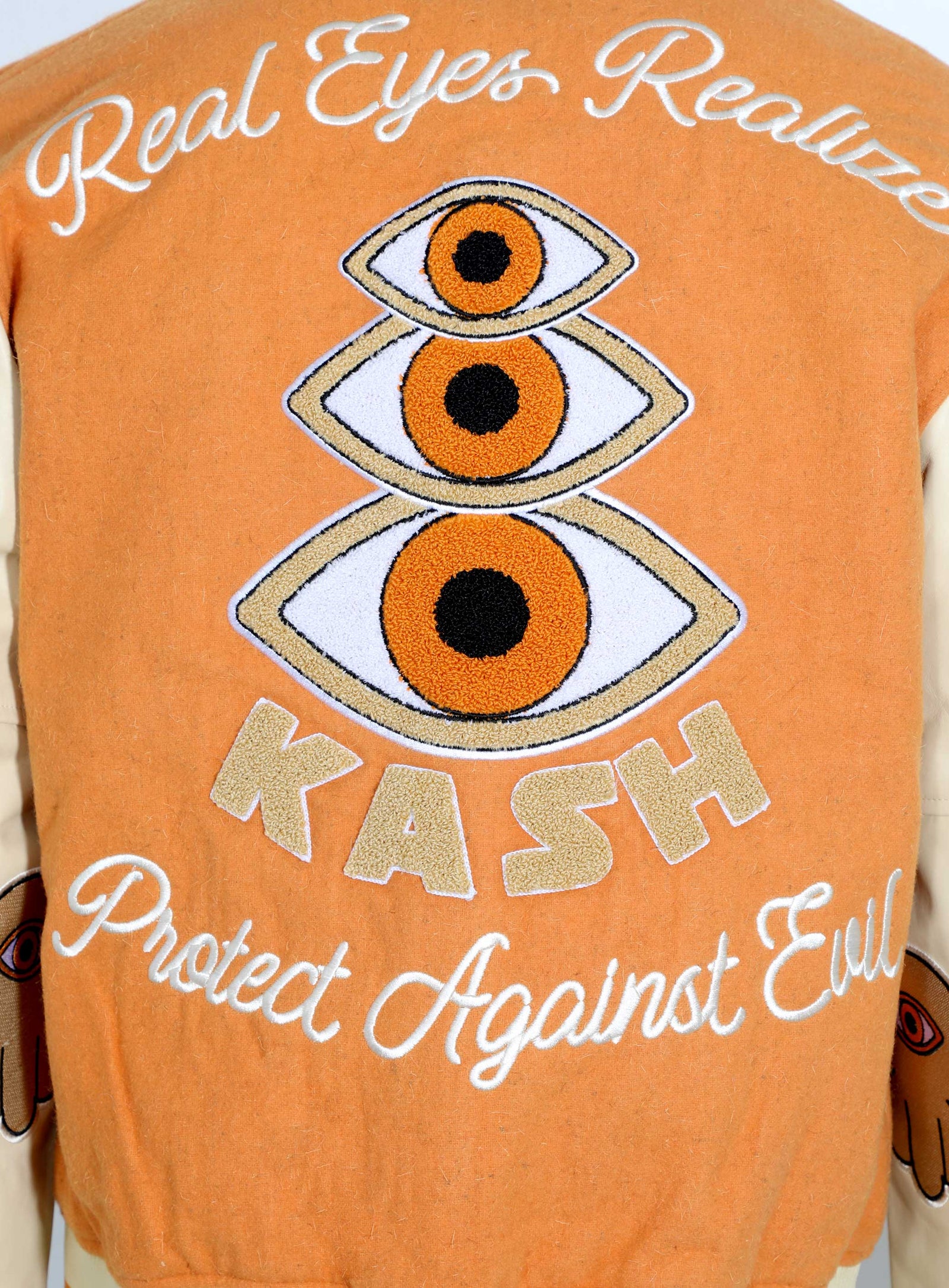 Kash Chenille Print Varsity Jacket in orange with cream – view 7 of 9