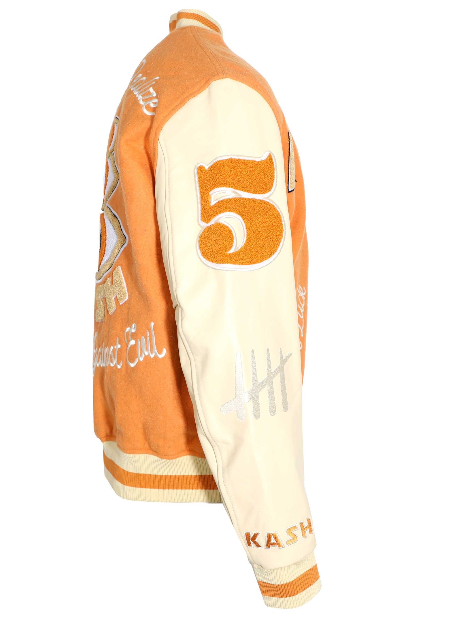 Kash Chenille Print Varsity Jacket in orange with cream – view 6 of 9
